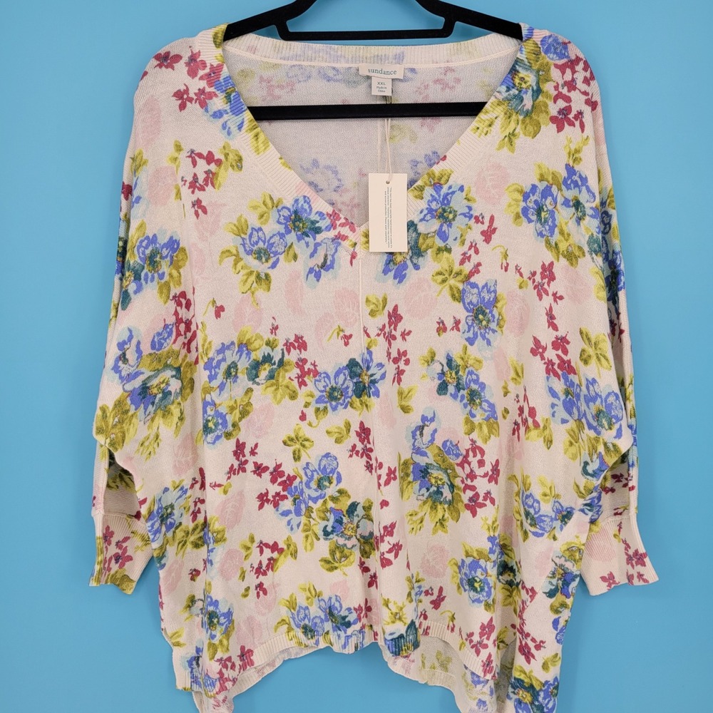 Sundance Floral V-Neck Sweater Women 2XL Boho Cottagecore Knit NWT oversized